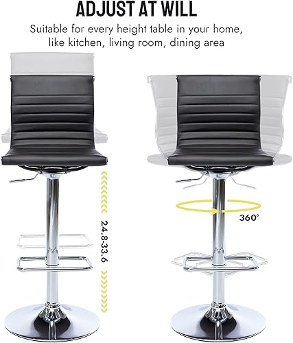 Miniatura 8 de Juego de 2 taburetes de bar de metal con altura ajustable, diseño moderno de piel sintética negra, con base cromada, para isla de cocina, bar,