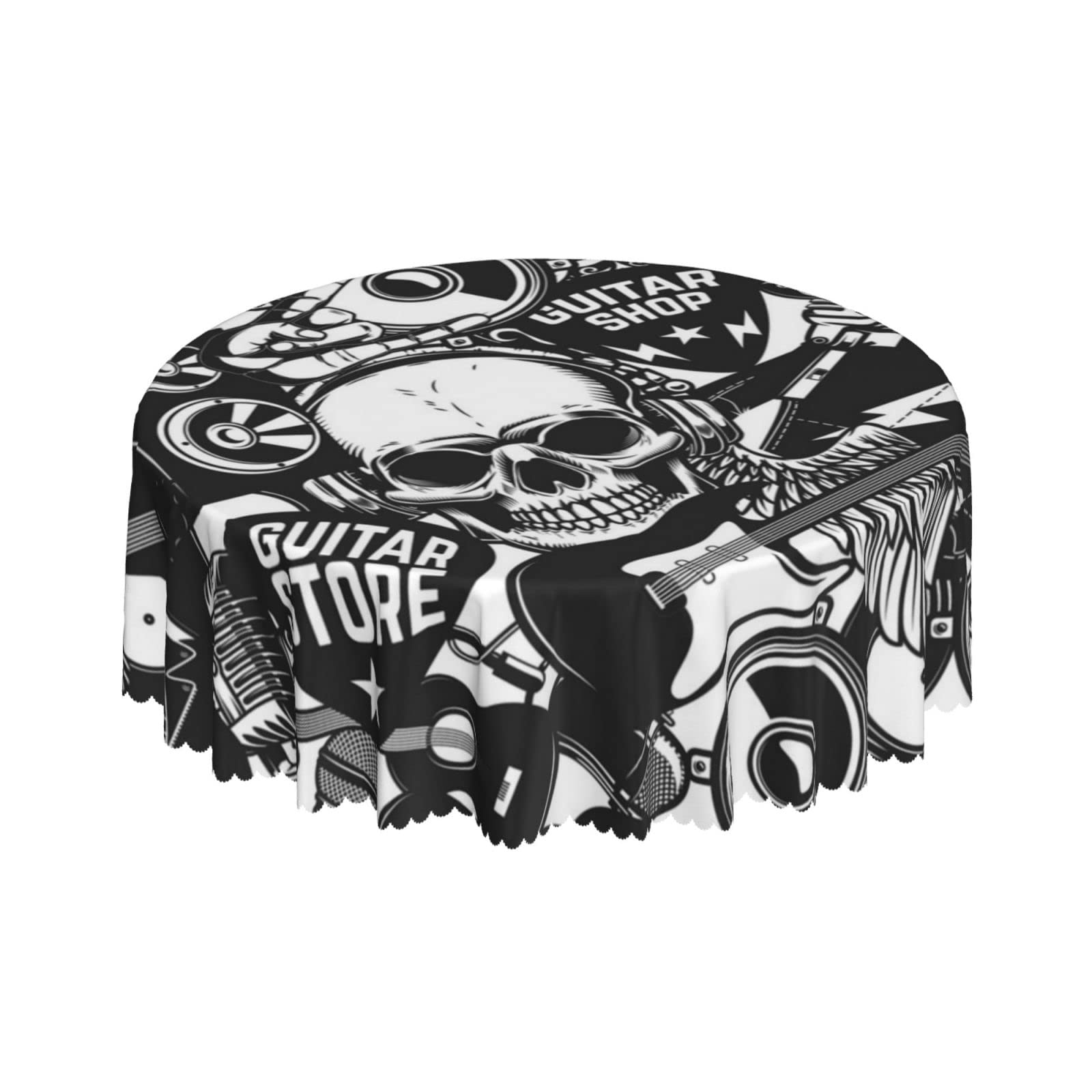 Lsjuee Skull Rock Roll Music Black Round Tablecloth 60 Inch Printed Washable Tablecloth for Dining Party Holiday Fall Home Decorative