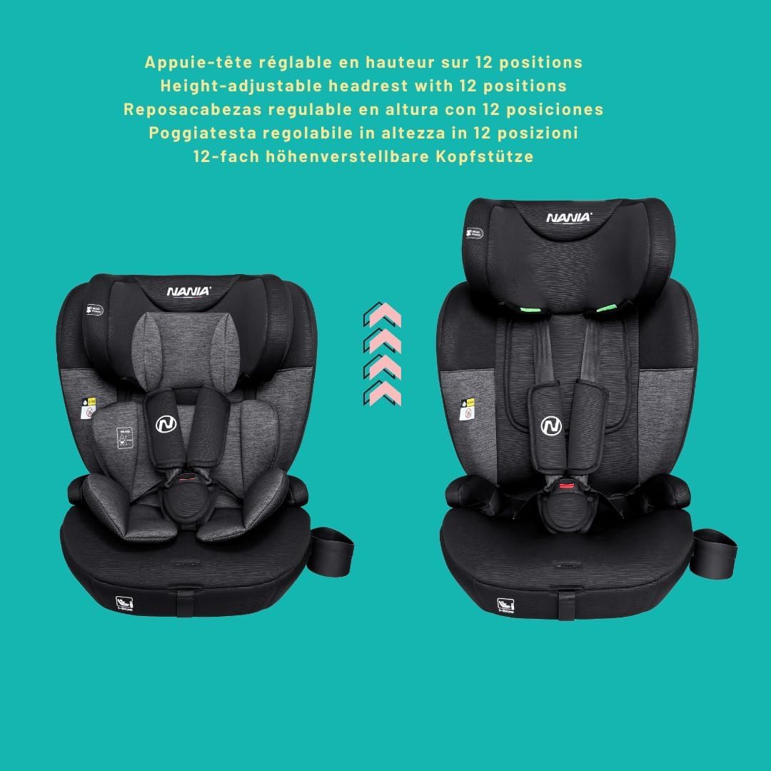 Nania - Milano, Asiento de coche para bebé ISOFIX, escalable 76-150 cm, 9-36 kg, 15 meses a 12 años, Cabezal ajustable 12 niveles de ajustes, Protectores laterales, Funda extraíble y lavable