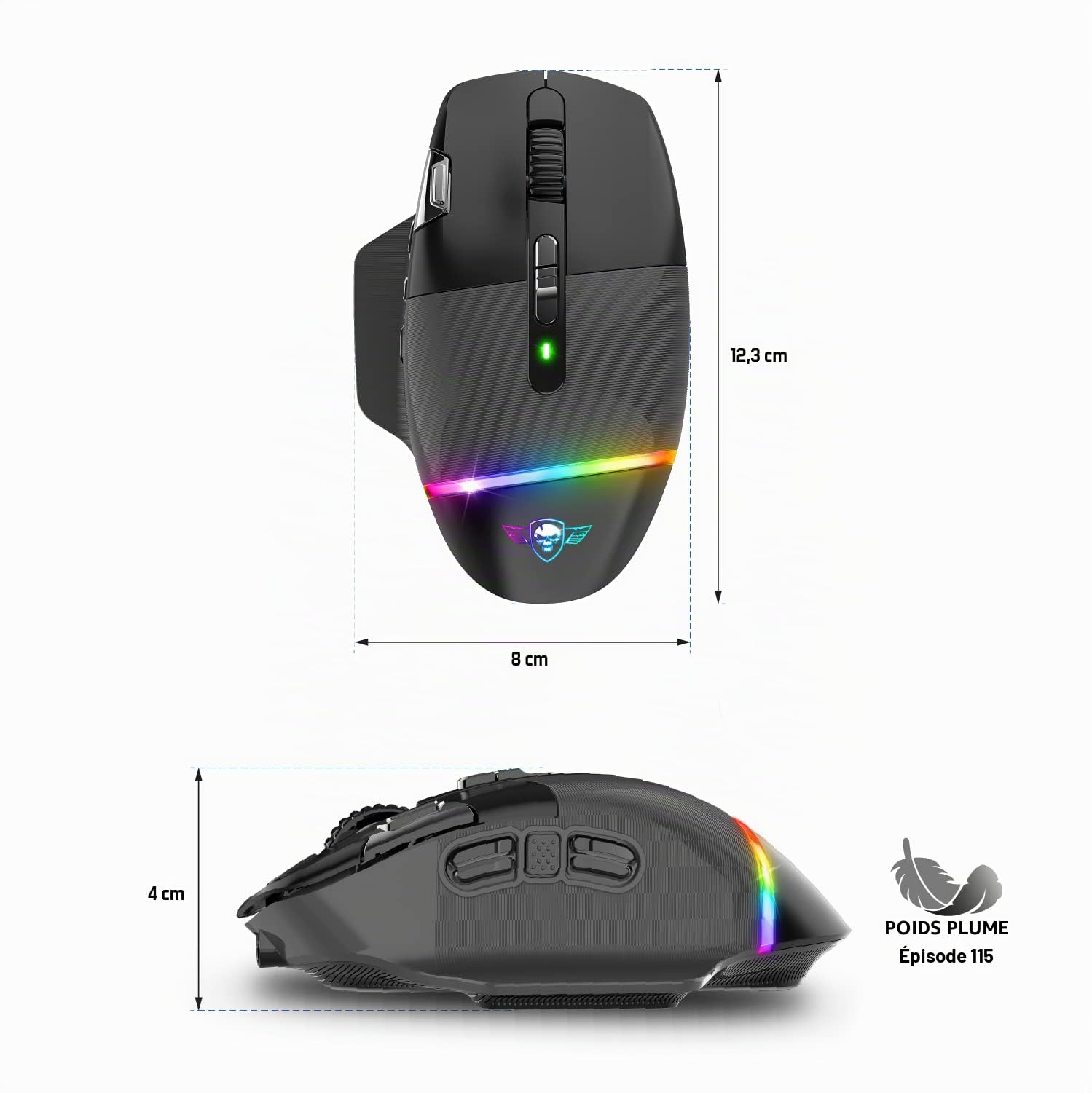 Spirit Of Gamer XPERT M800, Souris Gamer Sans Fil Rechargeable, 9 Boutons Programmables, Capteur Optique 10 000 DPI, 11 effets de Rétroéclairage RGB, Souris Ergonomique avec Repose Pouce Pour PC Gamer