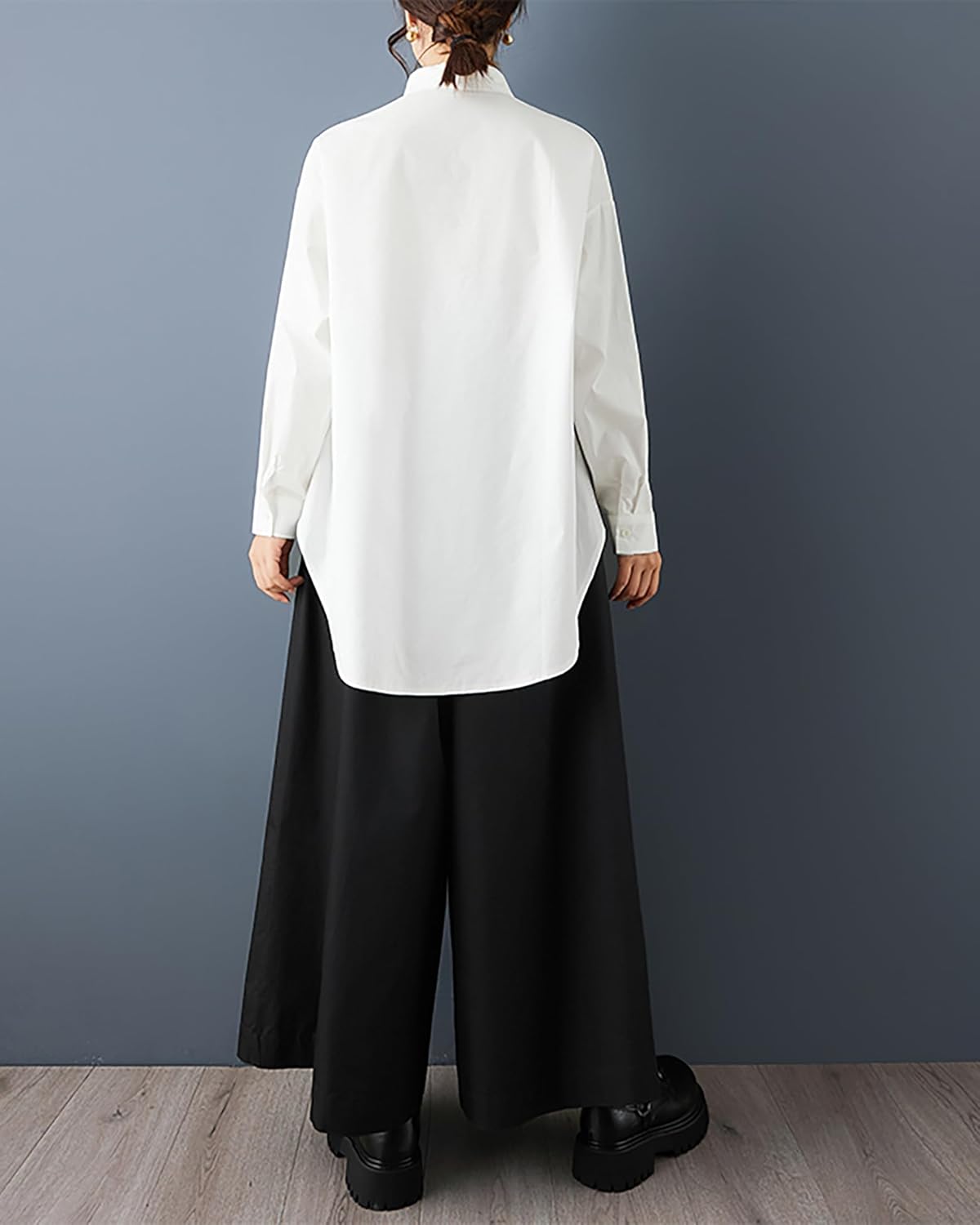 ellazhu Women's Shirt Lapel Button Down Long Sleeve Solid Irregular Hem Plus Size GZ713