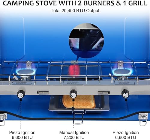 Miniatura 2 de Camplux Estufa de camping de 20,400 BTU, 1 parrilla y 2 quemadores de propano para cocinar al aire libre