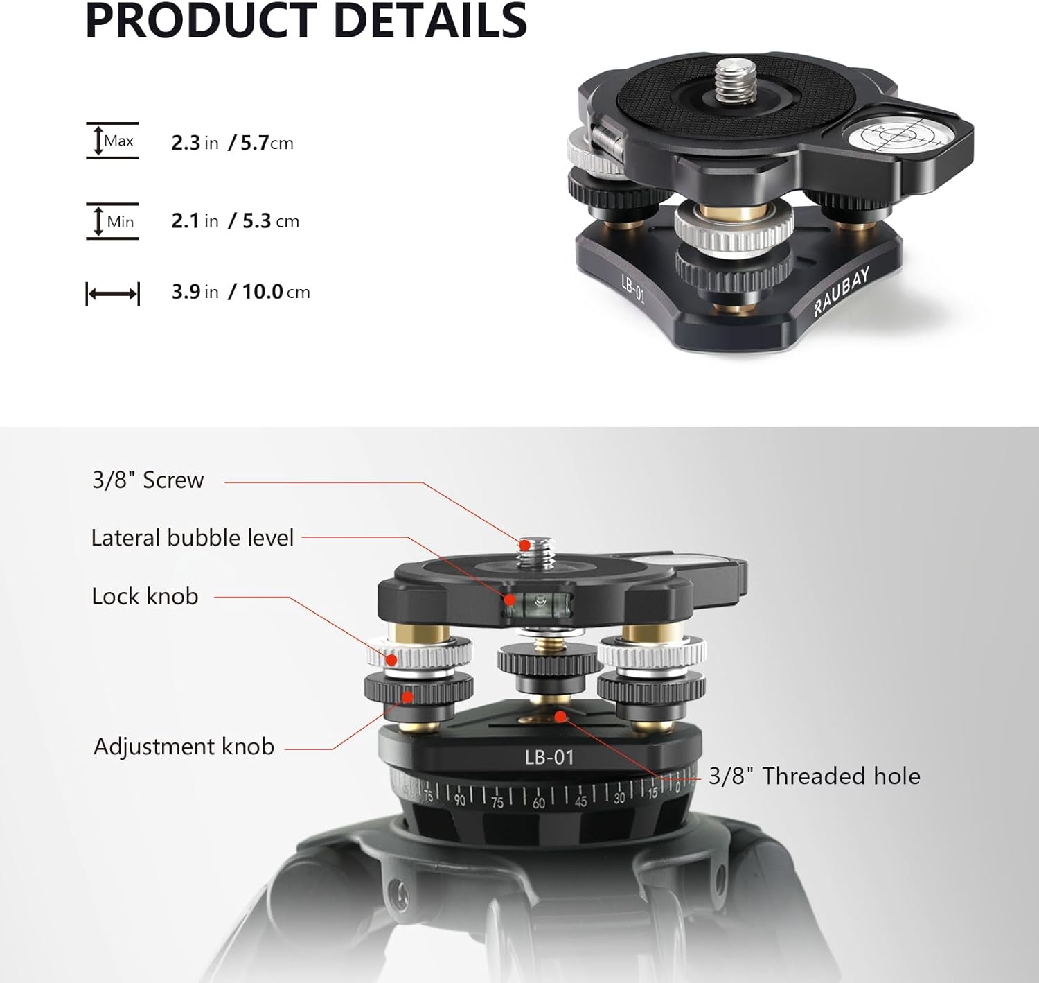 RAUBAY Tripod Leveler Stand for Seestar S50, ±6° Precision Adjustable Leveling Base with Detachable Magnetic Bubble Level, CNC Aluminum 3/8” Mount for Panoramic, Ball & Video Heads and Tripods (LB-01)