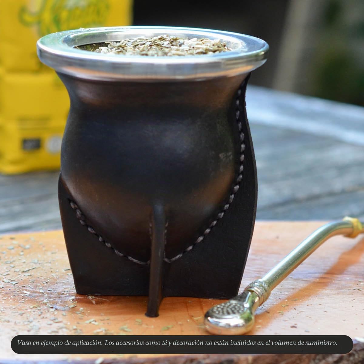 Mate de Vidrio Forrado en Cuero Negro - Mate Argentino Tradicional de Fácil Limpieza para Yerba Mate - No Necesita Curado - Capacidad 200-250 ml