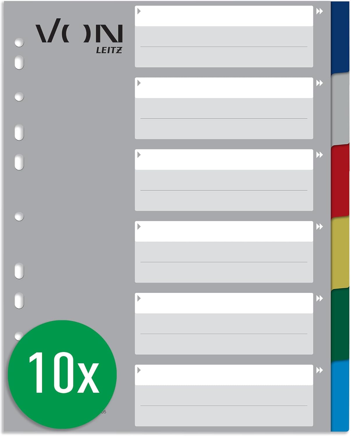 VON Leitz Leitz 13050000 Pack of 10 6-Part Index A4 Blank Dividers for Folders, Polypropylene, Extra Wide, 11-Hole Universal Index for File Folders and Ring Binders, Multi-Colour, Pack of 10
