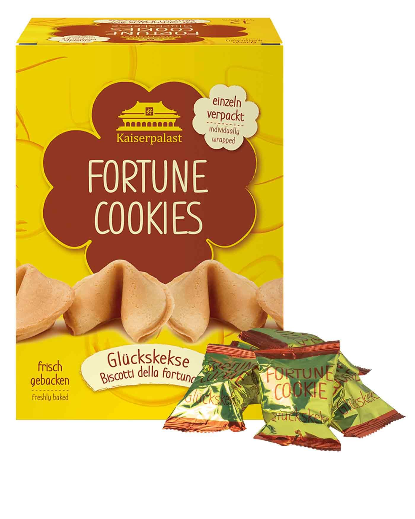 Kaiserpalast Glückskekse, knuspriges Süßgebäck, einzeln verpackt in roter Folie, mit deutschem und englischem Spruch, vegan, halal, 12 Stück à 6 g (1 x 72 g)