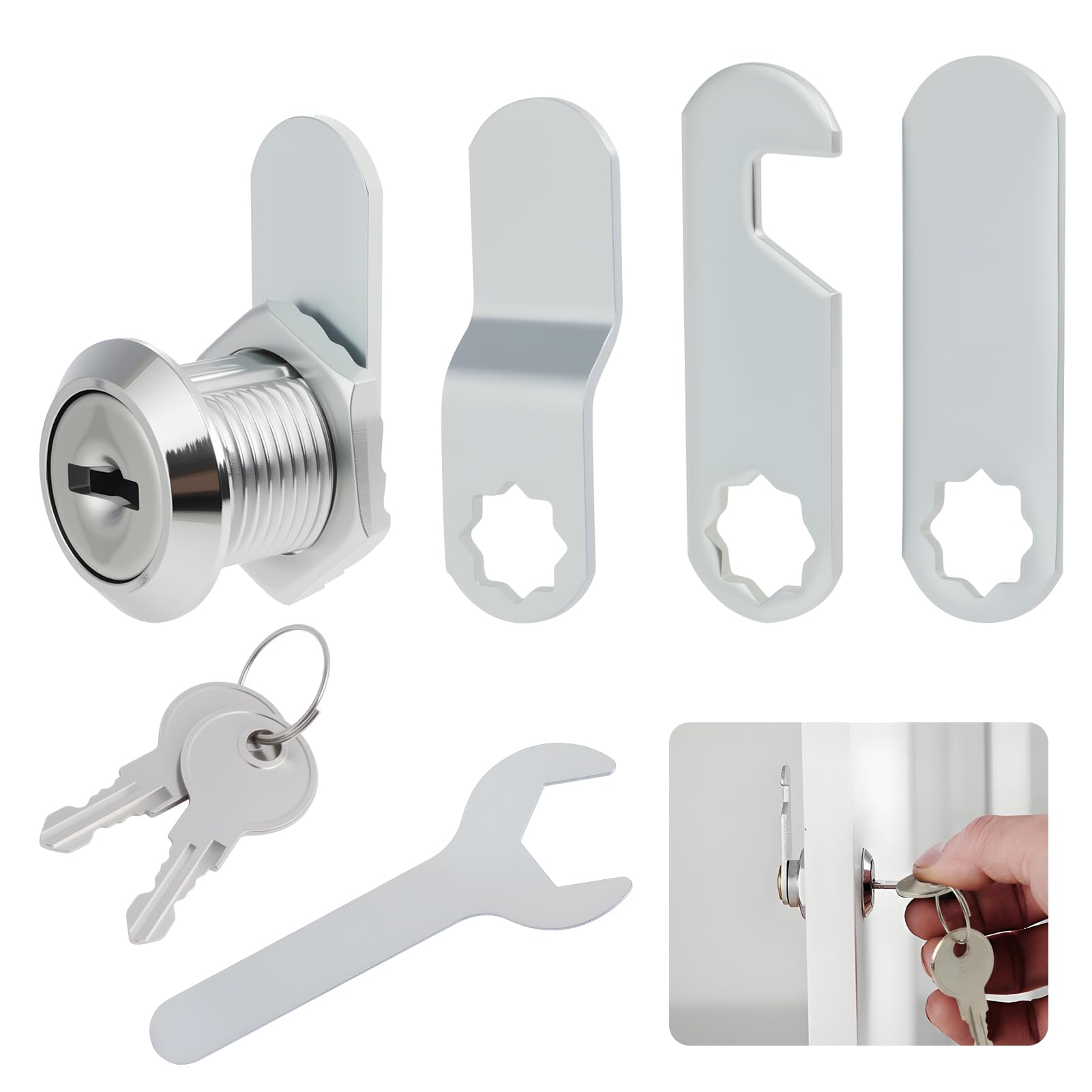 Cerradura de Buzón de Acero Inoxidable, Cerradura de Leva para Armarios y Muebles, Incluye 4 Placas de Bloqueo Diferentes, Adecuada para Cajones y Puertas de Autocaravanas, 16mm de Diámetro (1 Pieza)