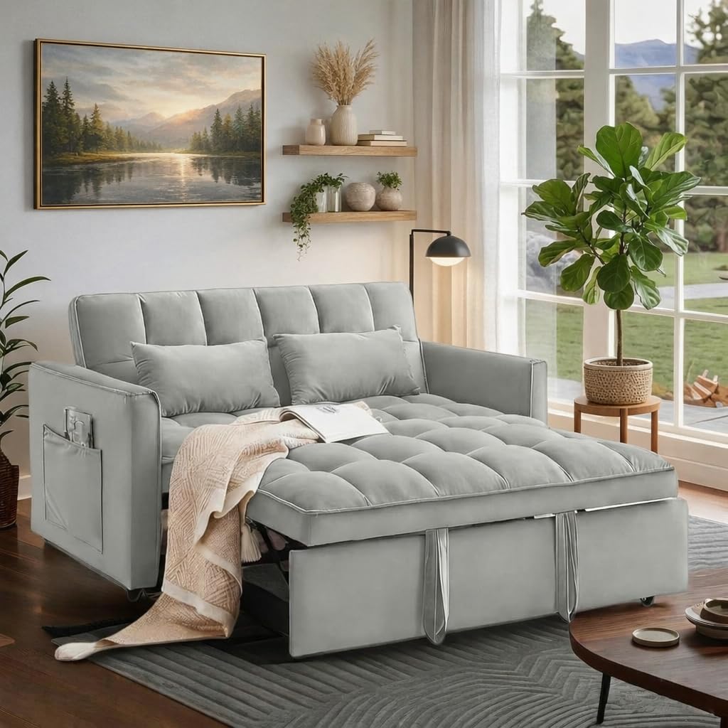3 in 1 Sofa Bed, Love Seat Sleeper Bed with Side Pockets, Velvet Fabric Pull Out Couch with Adjustable Backrest for Living Room, Bedroom, Apartment,Gray