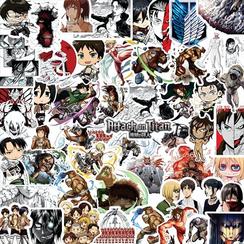 Image of AnimeVerse Pack of 50 AOT Anime Stickers for Laptop, Phone, Guitar, Bike, PC, | Waterproof Glossy Vinyl Decals | Residue-Free Anime Stickers Collection (Attack On Titan)