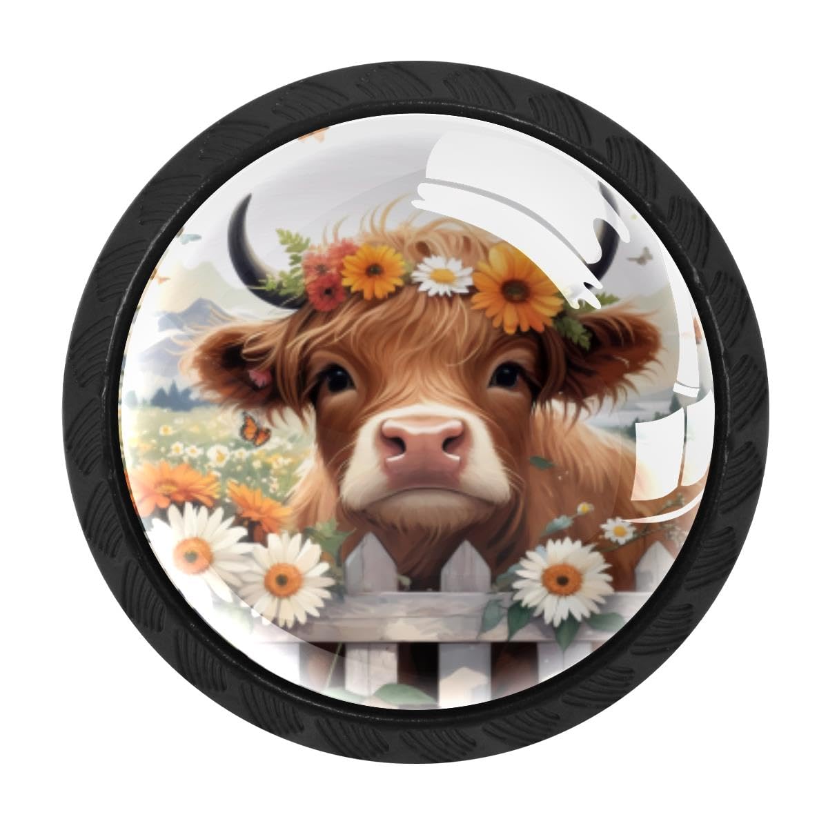4 PCS Cabinet Knobs, Highland Cow Daisies Drawer Knobs Dresser Handles