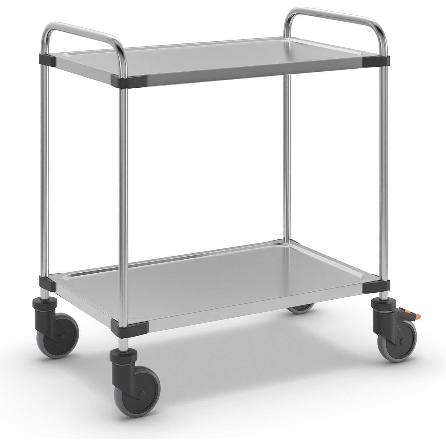 Servierwagen aus Edelstahl, mit 2 Etagen, LxBxH 870 x 570 x 950 mm, montiert.