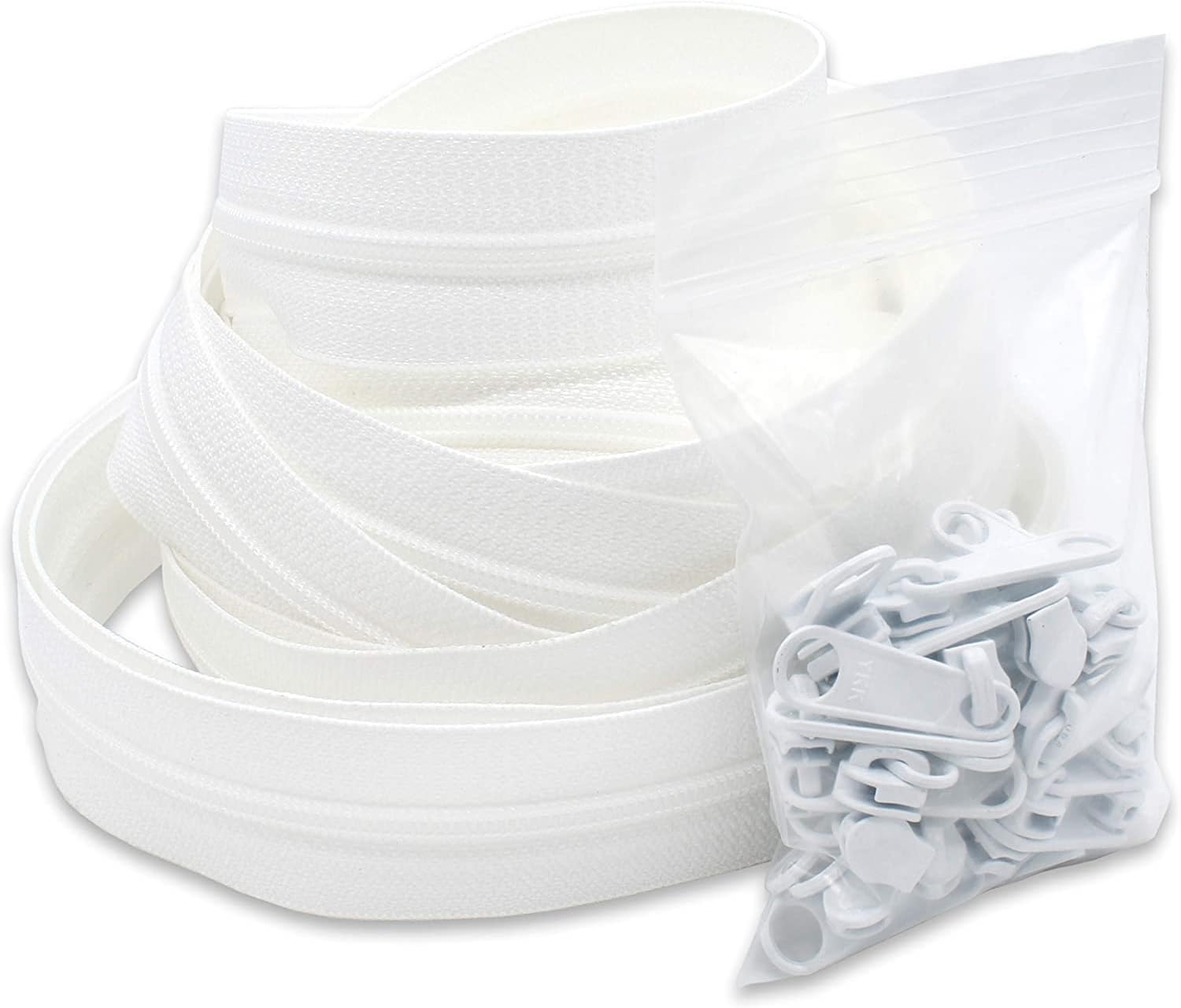 YKK 15 Yards Nylon Coil Chain Zipper Replacement (Color White) 4.5 with 30 Fancy Long Pull Sliders, to Create Your Own Stunning Zippers-100% Made in USA