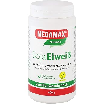 MEGAMAX Soy Protein + Taurine + L-Methionine Vanilla 400 g Gluten Free Soy Protein Isolate Low Carb Vegetable Protein Lactose Free Aspartame Free Vegan Protein for Muscle Building and Muscle