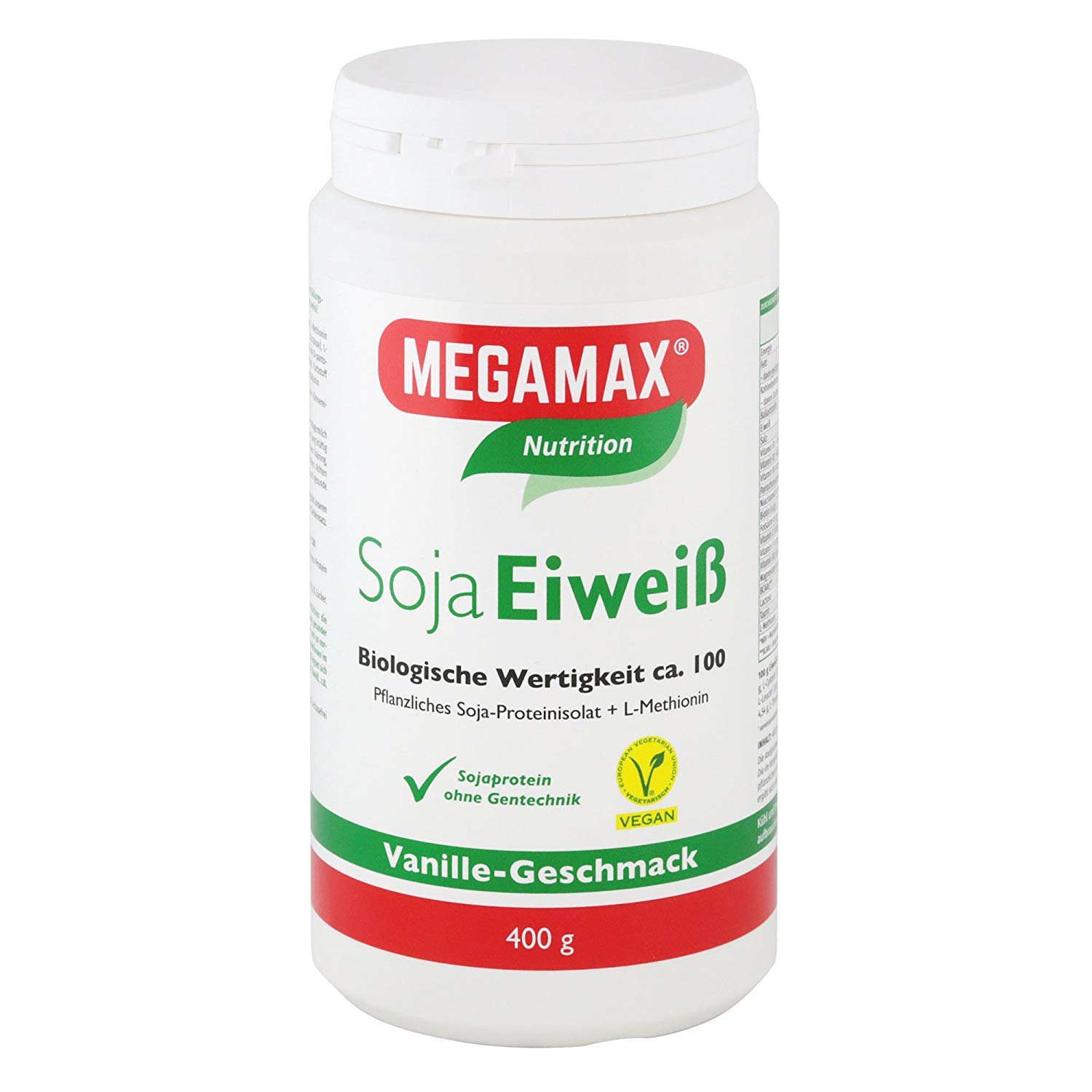 MEGAMAX Soja Eiweiß + Taurin + L-Methionin Vanille 400 g Glutenfrei | Sojaeiweiß-Isolat Low Carb | pflanzliches Eiweiss, Laktosefrei, Aspartamfrei | Veganes Protein für Muskelaufbau und Muskelerhalt