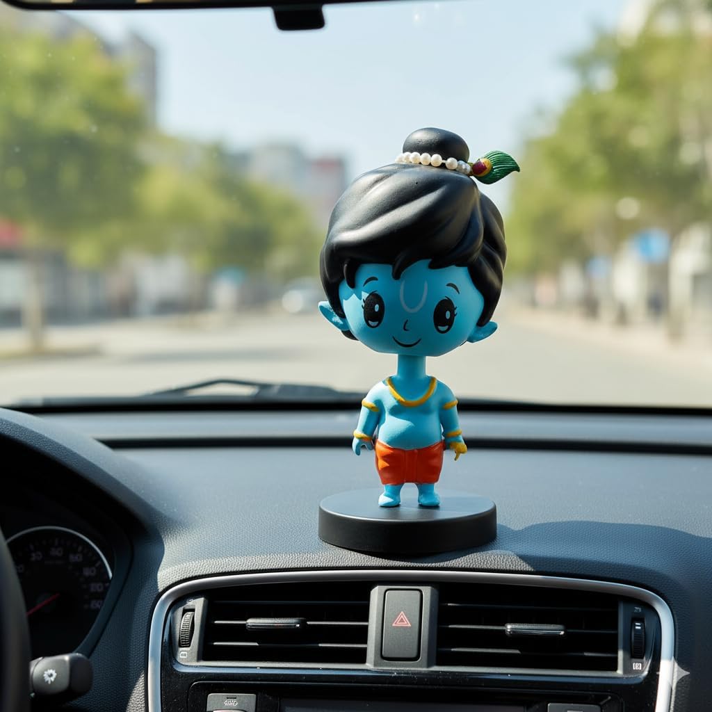 Little Krishna Bobble Head Figurine | Handcrafted Krishna Idol for Car Dashboard, Home and Office Table Decor | Decorative Hindu God Figurine | Wobbling Head Statue