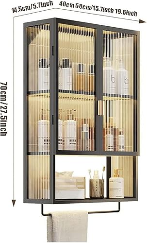 Miniatura 2 de Gabinete de pared de baño, botiquín de metal con puerta de cristal, gabinete de baño montado en la pared con barra de toalla, sobre el gabinete de