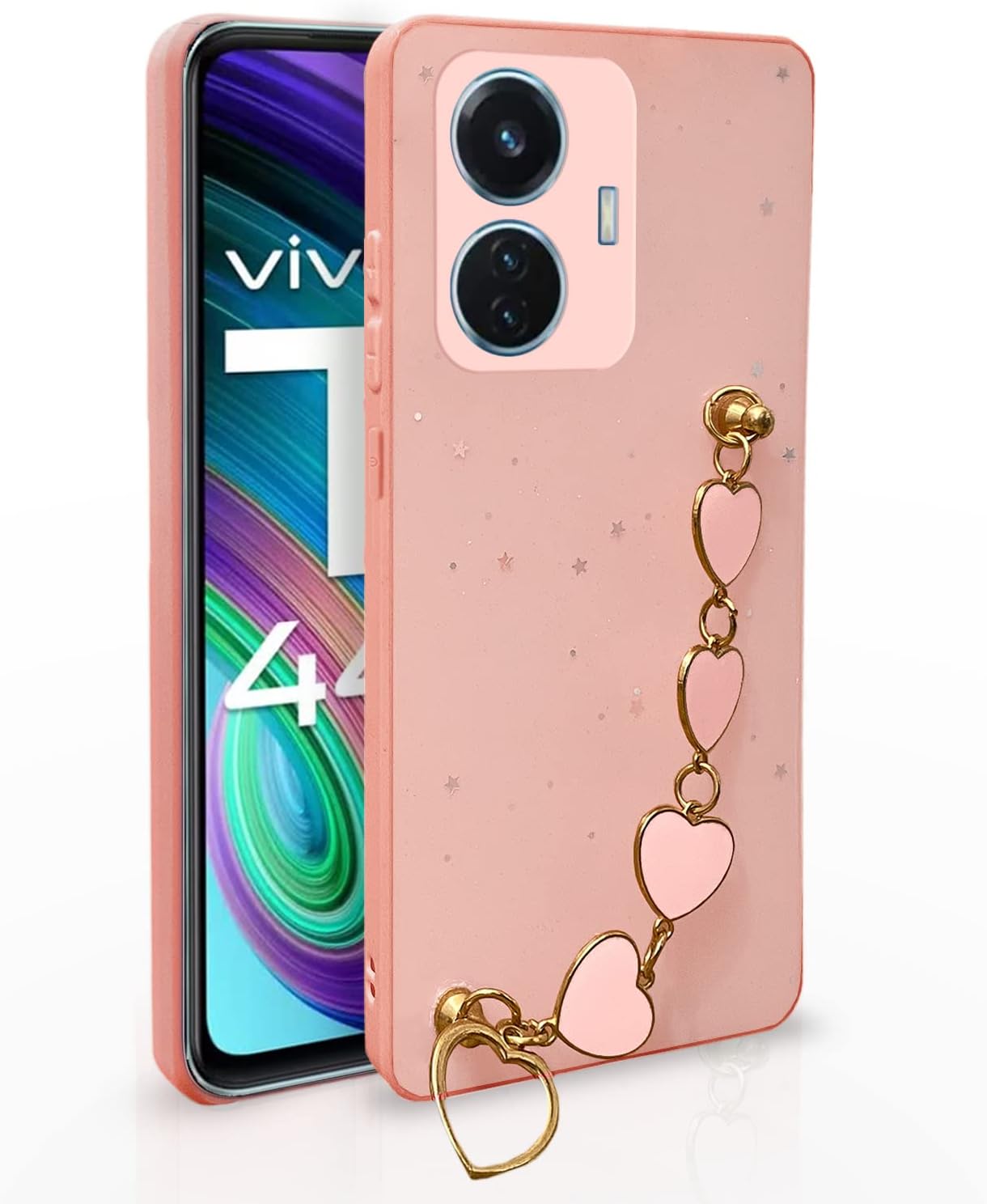 PikkmePikkme iQOO Z6 44W / Vivo T1 44W Back Cover for Girls | Heart Shaped Metal Chain Blocks | Sparkling Soft TPU | Case for iQOO Z6 44W / Vivo T1 44W (Pink)