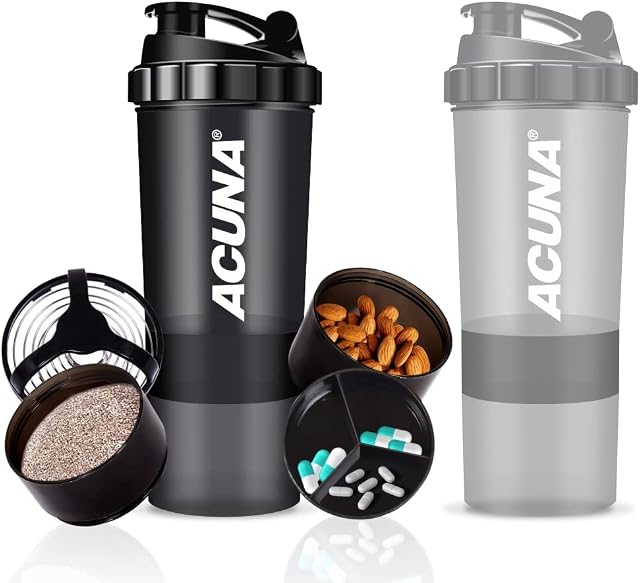 ACUNA Protein Shaker Bottle 600 ML Pack of 2, Protein Shake Mixer Bottle, 3 Layer Supplement Storage Cup, Leakproof Lid Gym, Fitness Sports-Black Grey