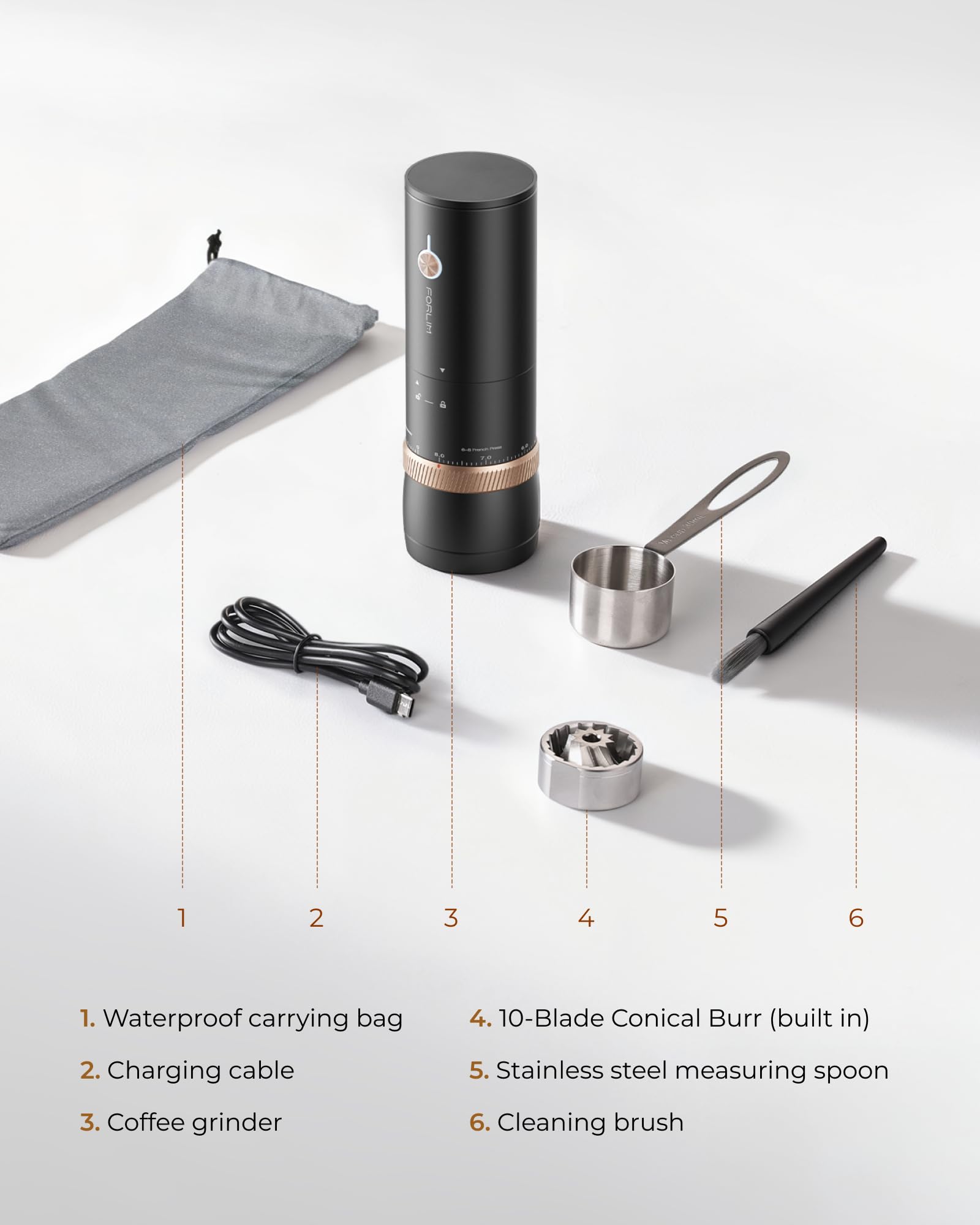 FORLIM Molinillo de café eléctrico portátil, recargable sin cable, rebabas cónicas de acero inoxidable con 80 ajustes precisos, dosis única, espresso, cafetera Moka, vertido