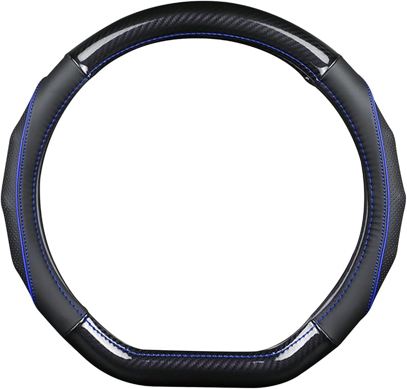 Capa para Volante Automotivo Esportiva D-Shape em Fibra de Carbono e Couro Bovino Ergocar 38 cm D-Black-blue