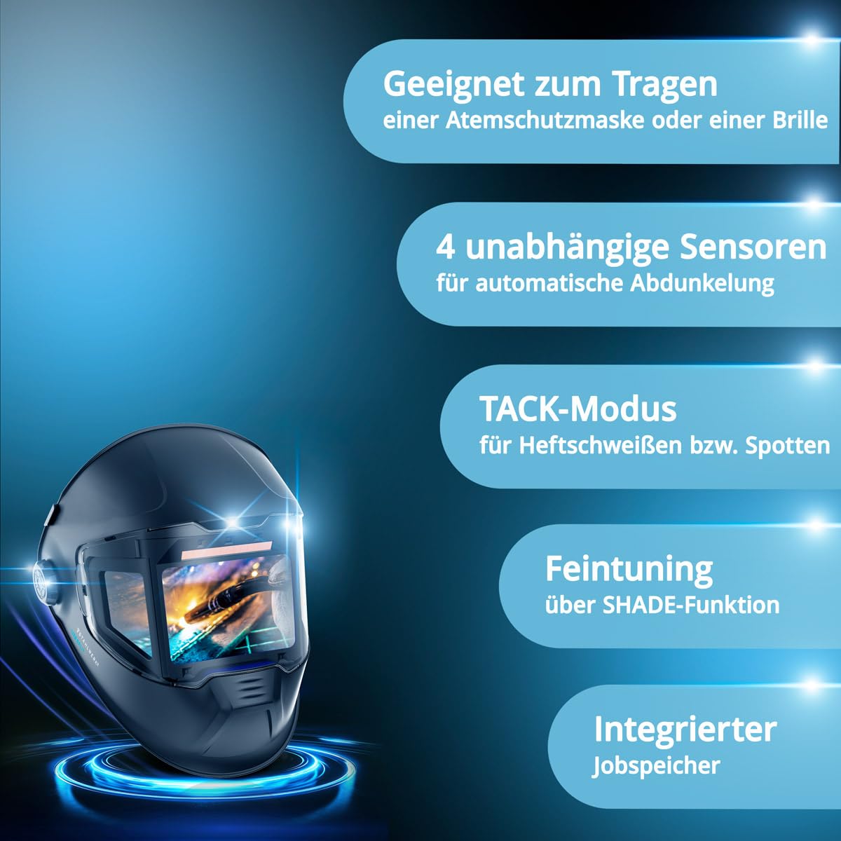 STAHLWERK Automatik-Schweißhelm 3-in-1 Split inklusive Schweißhaube – LCD-Farbdisplay, 180° Sichtfeld, True-Colour-Echtfarbwiedergabe, Jobspeicher, Abdunkelung DIN 4 - DIN 14, optische Klasse 1/1/1/1