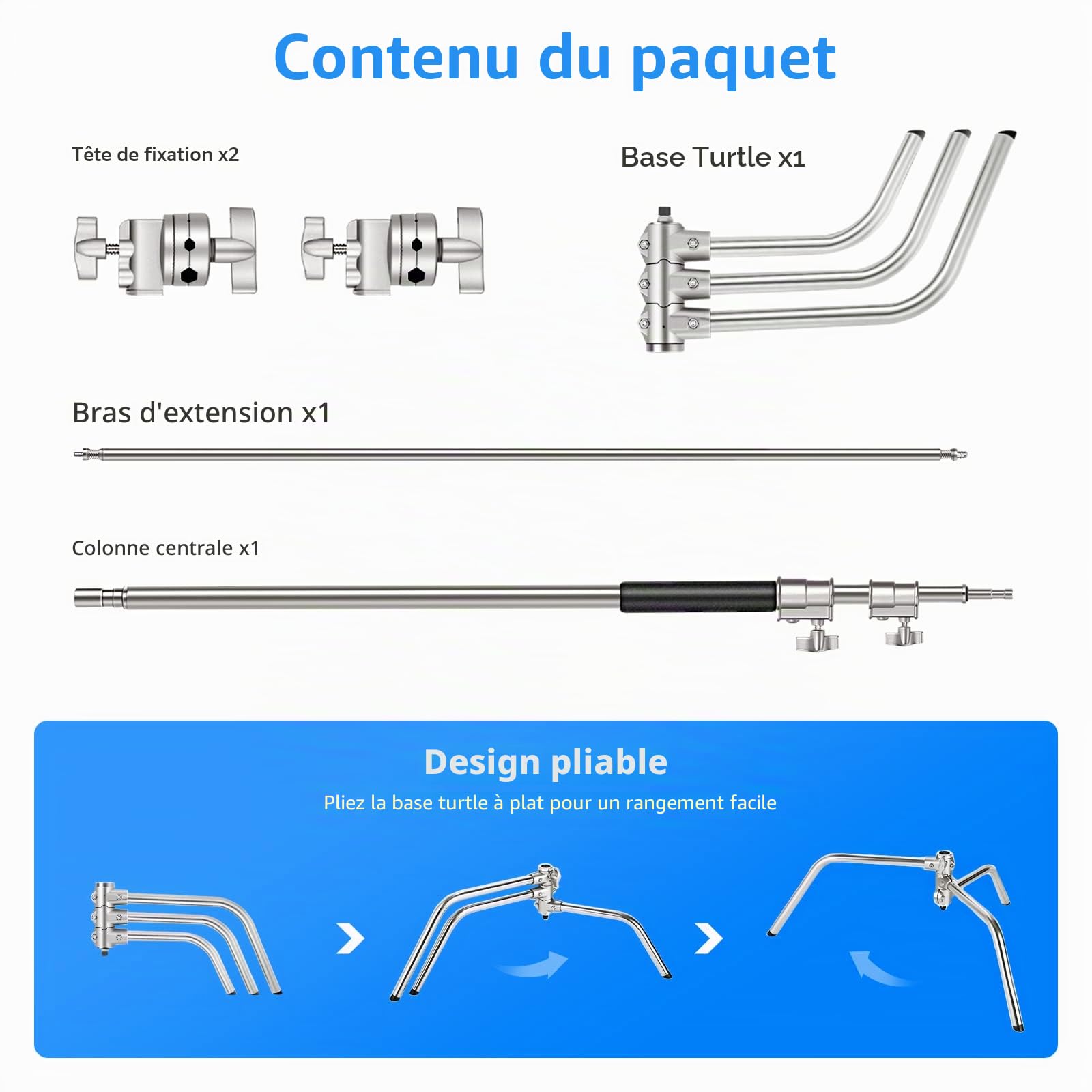 NEEWER C Stand Pro Robuste en Acier Inoxydable 100% avec Bras Boom,Hauteur Max 320cm Pour Lumière de Photographie avec Bras de Maintien de 128cm,2 Têtes de Grip pour Studio Monolight,Softbox, SC320
