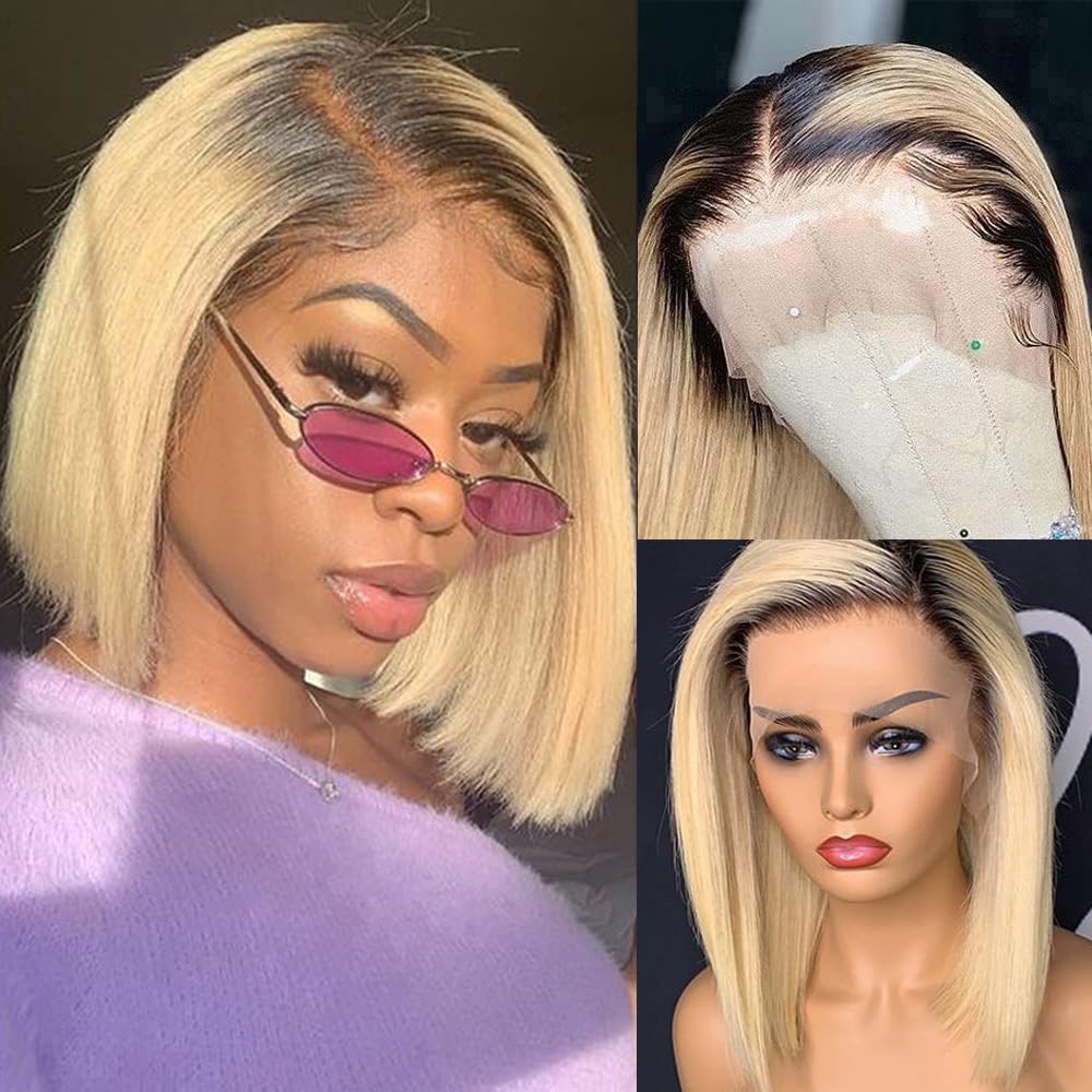 Smartinnov Ombre Blonde Human Hair Wigs 1B613 13x4 Lace Frontal Bob 180% Density Glueless Silky Straight 8 Inch for Women Brazilian Hair Pre Plucked