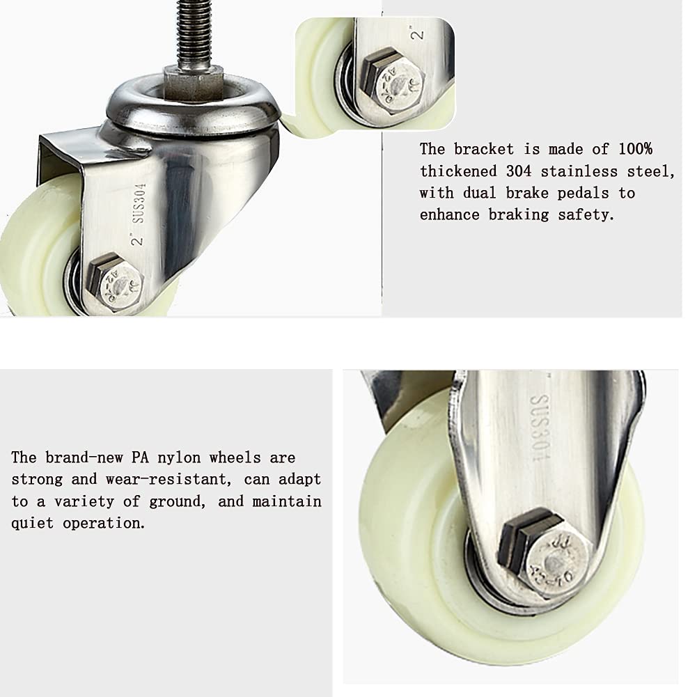 Ruote girevoli con filettatura M10 per mobili, 2 pollici, in acciaio inox 304, resistenti, 480 kg, silenziose, con freno, piccole ruote girevoli per tavolo, scrivania, carrello, 4 pezzi (304STEEL 2 po