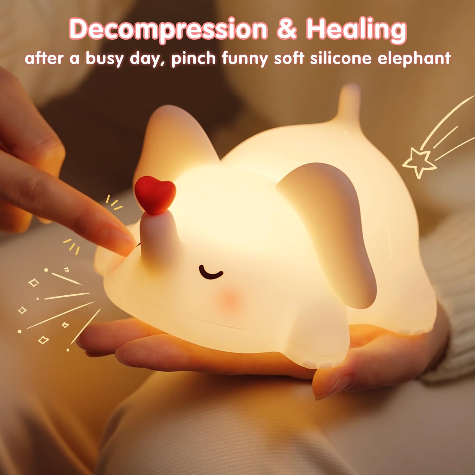 YR YRHH-PET Süßes Herz Elefant Nachtlicht, LED Squishy Neuheit Tier Niedliche Lampe, Lebensmittelqualität Silikon Nachtlicht, Dimmbar Leuchtende Elefant Dekor für Zimmer College, Jungen Mädchen Weiß