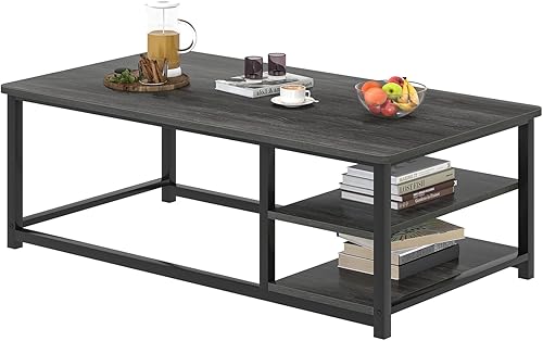 Miniatura 8 de EXCEFUR Mesa de Centro, Mesa de Sala de Estar de Madera Rústica y Metal con Estante de Almacenamiento Ajustable, Gris Oscuro, 47 Pulgadas Gris,Negro