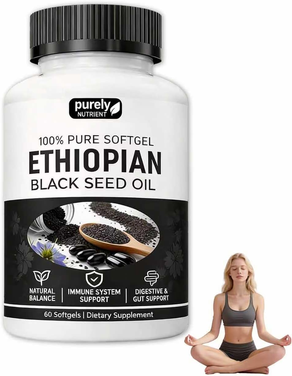 Purely Ethiopian Black Seed Oil Capsules, Purely Nutrient Ethiopian Black Seed Oil with 4.64% Thymoquinone, Immune Support, Organic Cold Pressed, Non-GMO, Gluten-Free, 60 Softgels(2 Bottles)