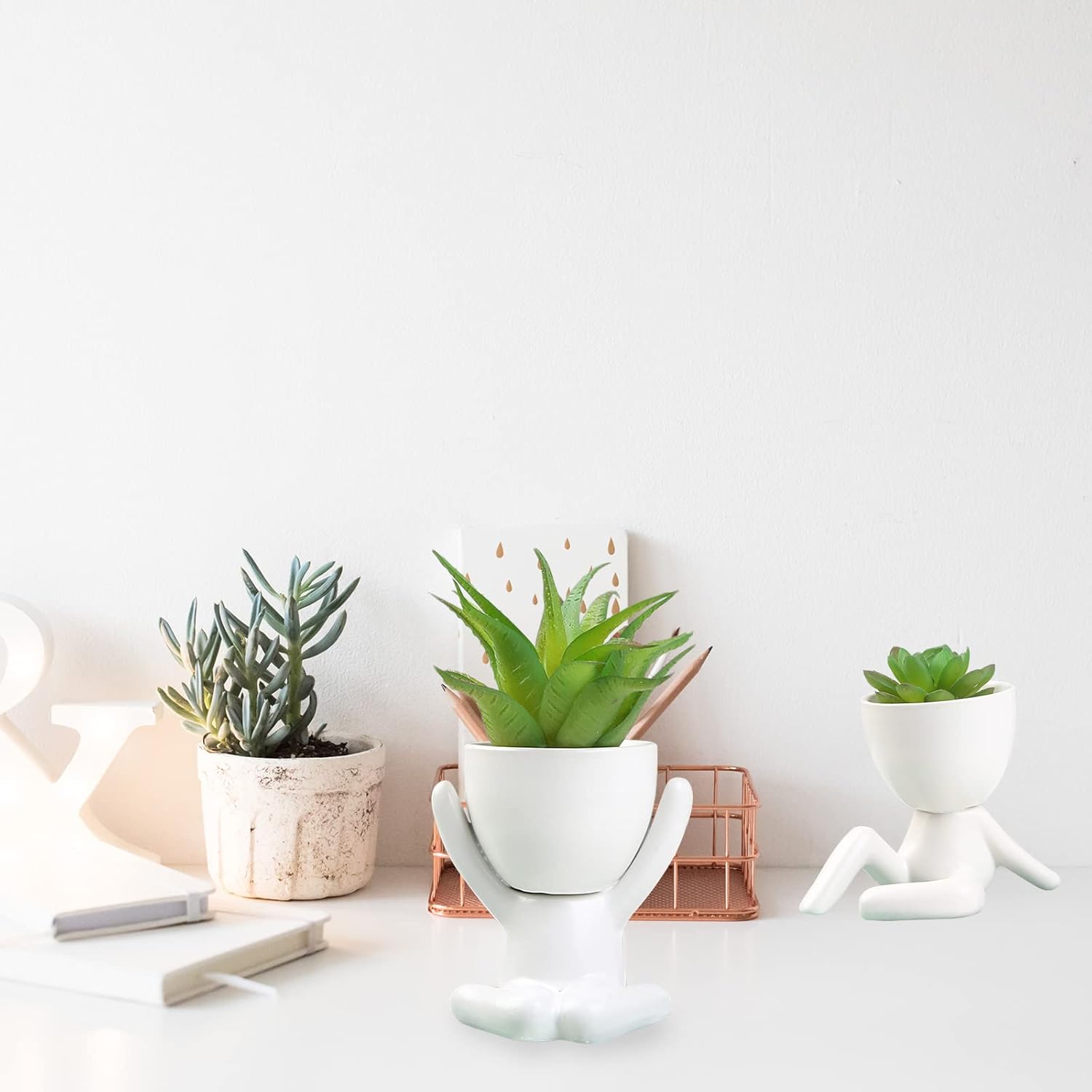 6Pcs Ceramic Succulent Plant Pots, Creative Human-Shaped Small Flower Pots, Modern Mini Plant Planters for Office Home Cafes Desktop