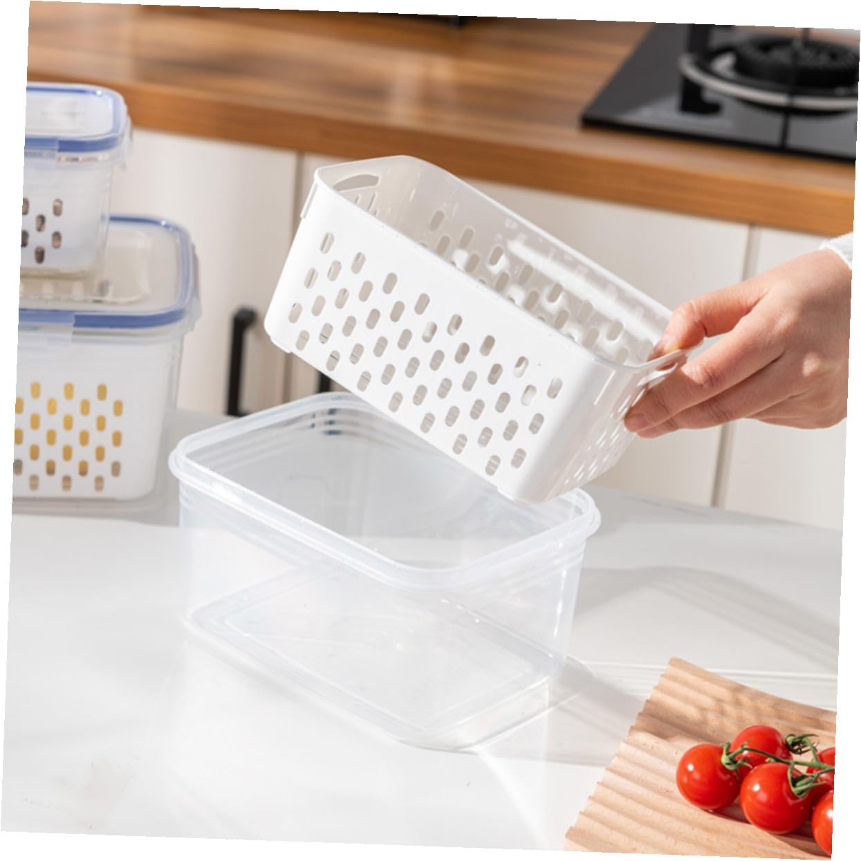 Alipis 3 Stück Kühlschrankbox aus Pp mit Deckel und Abtropfkorb | 850 Ml, 1750ml und 3300ml, Weißes, Herausnehmbarer Einsatz für Obst und Gemüse