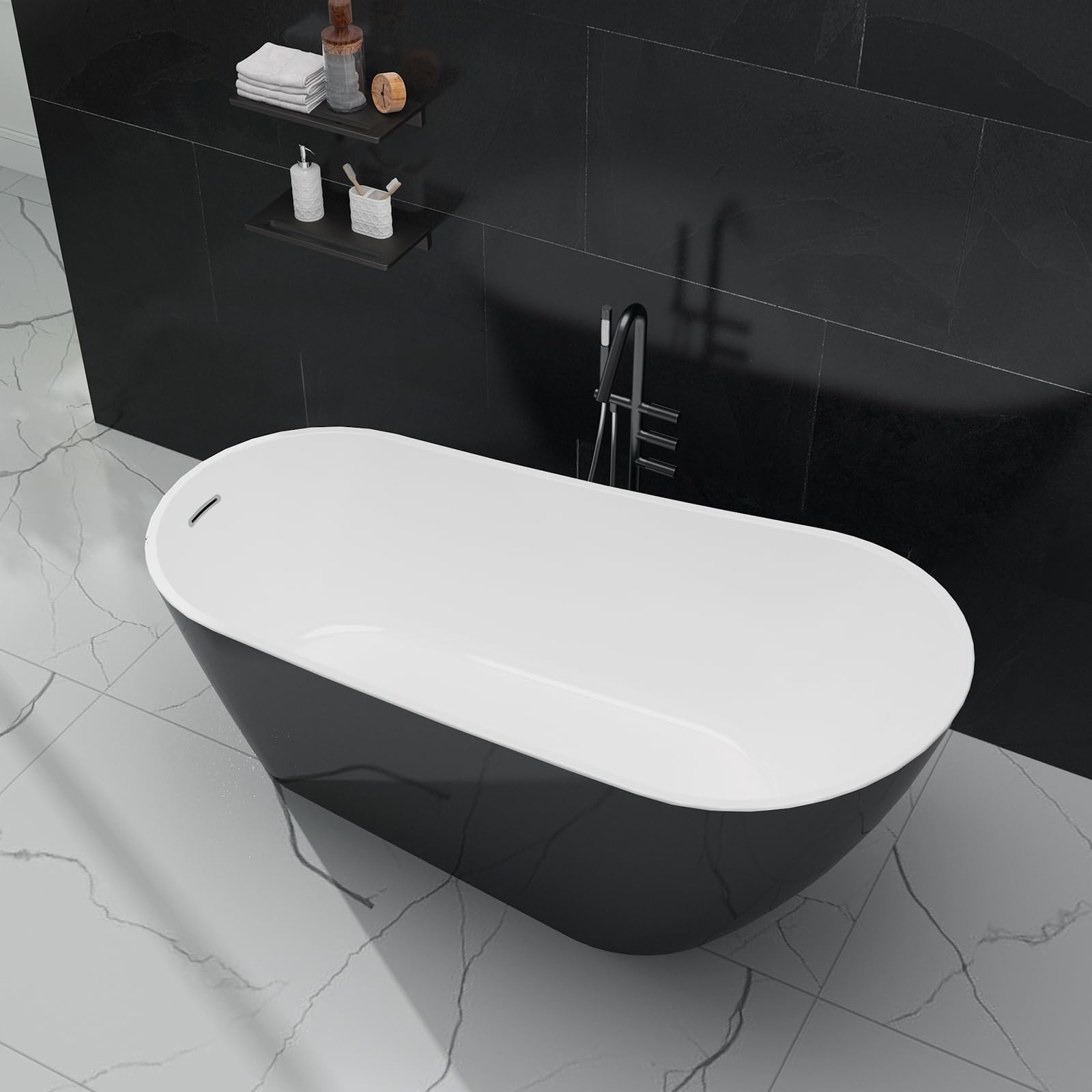 GarveeLife Freestanding Bathtubs 59 inch Black and White Acrylic Free Standing Soaking Tub with Integrated Overflow, Modern Home Spa Tub with Chrome Drain