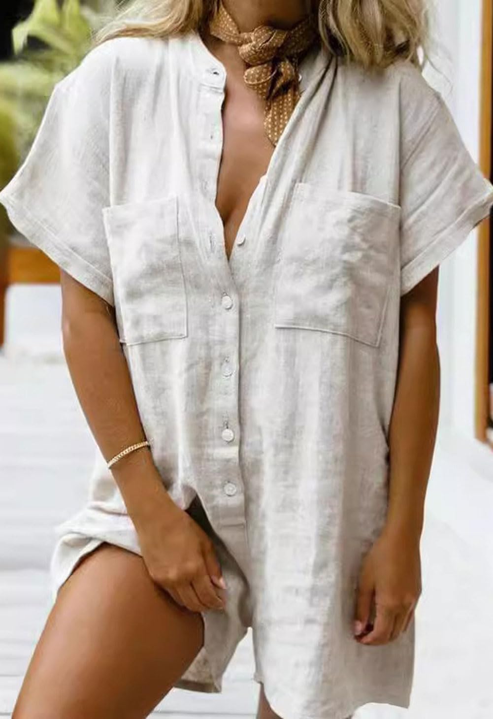 CHARTOU Women Summer Shorts Romper Button Down Wide Leg Cotton Linen Shortalls Jumpsuit - Image 2