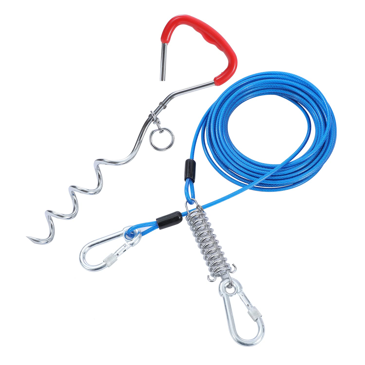 TOPWAY Câble d'attache pour Chien 10m et Piquet en Spirale de 42cm, Chien Cravate Câble pour Le Camping en Plein Air, Bleu + Rouge
