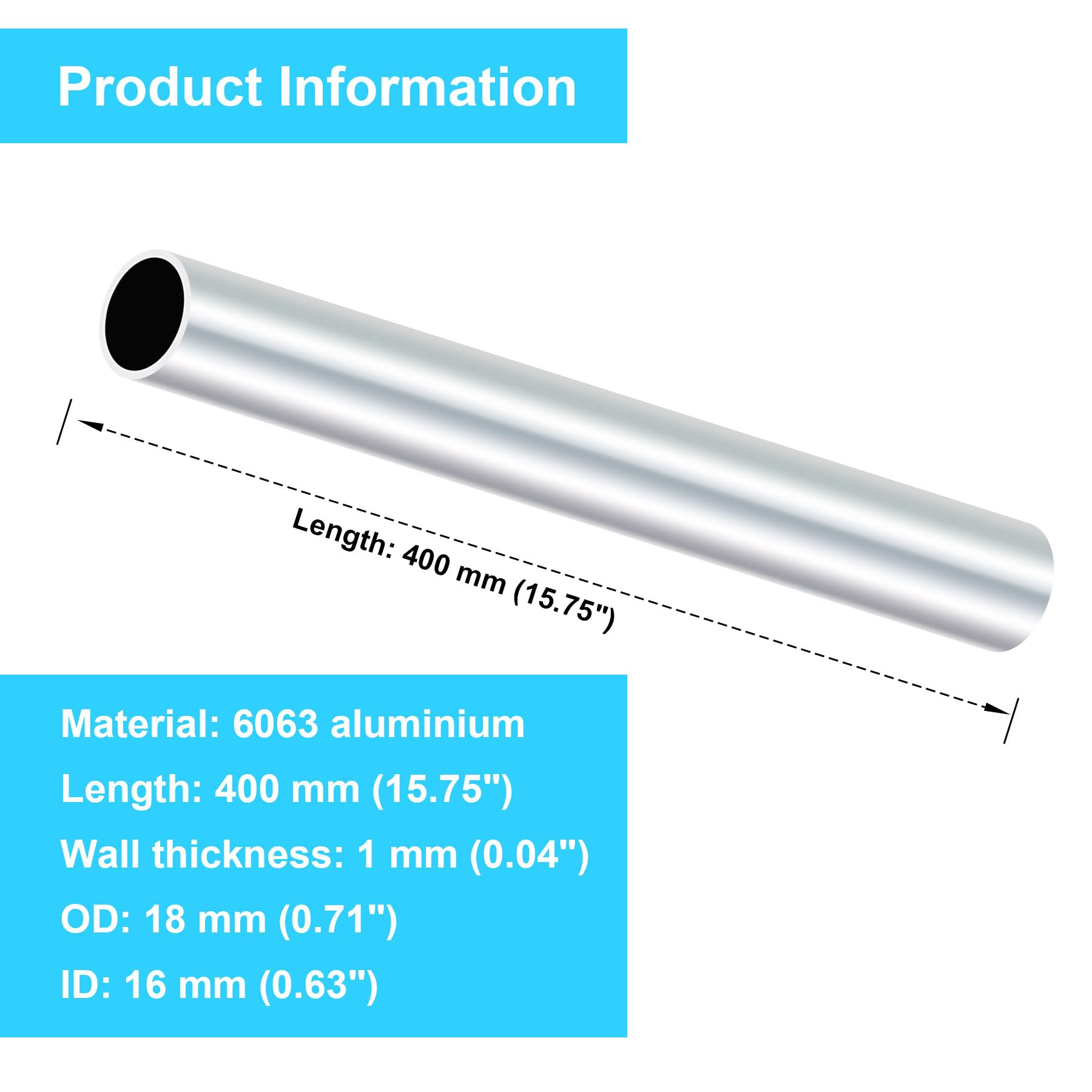 Lot de 2 tubes ronds en aluminium 6063-18 mm de diamètre extérieur, 16 mm de diamètre intérieur x 400 mm de long - Tubes en aluminium sans couture pour modélisme DIY