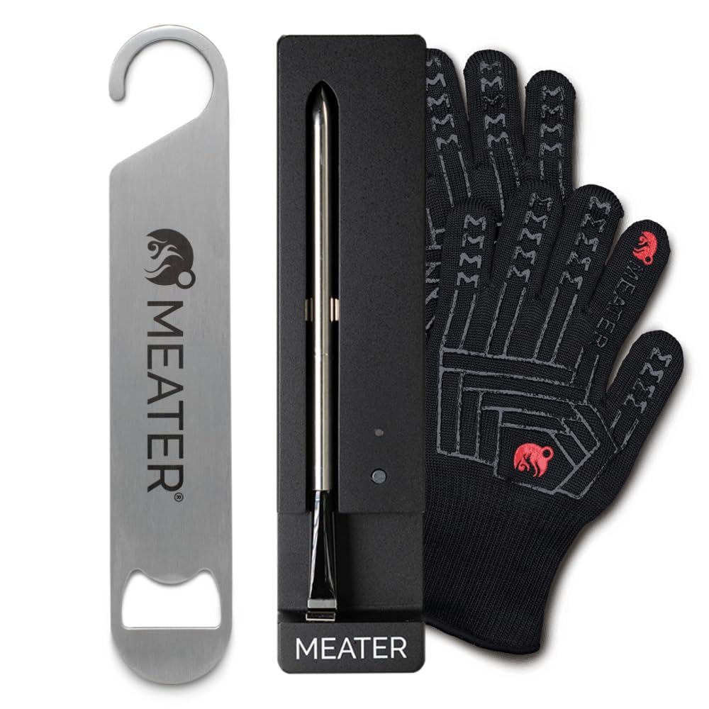 MEATER SE Wireless Thermometer w/BBQ Mitts & Bar Blade, Black, 165ft Range | Wireless smart thermometer for everyday cooking with heat-resistant mitts and bar blade bottle opener. 50+ recipes in app.