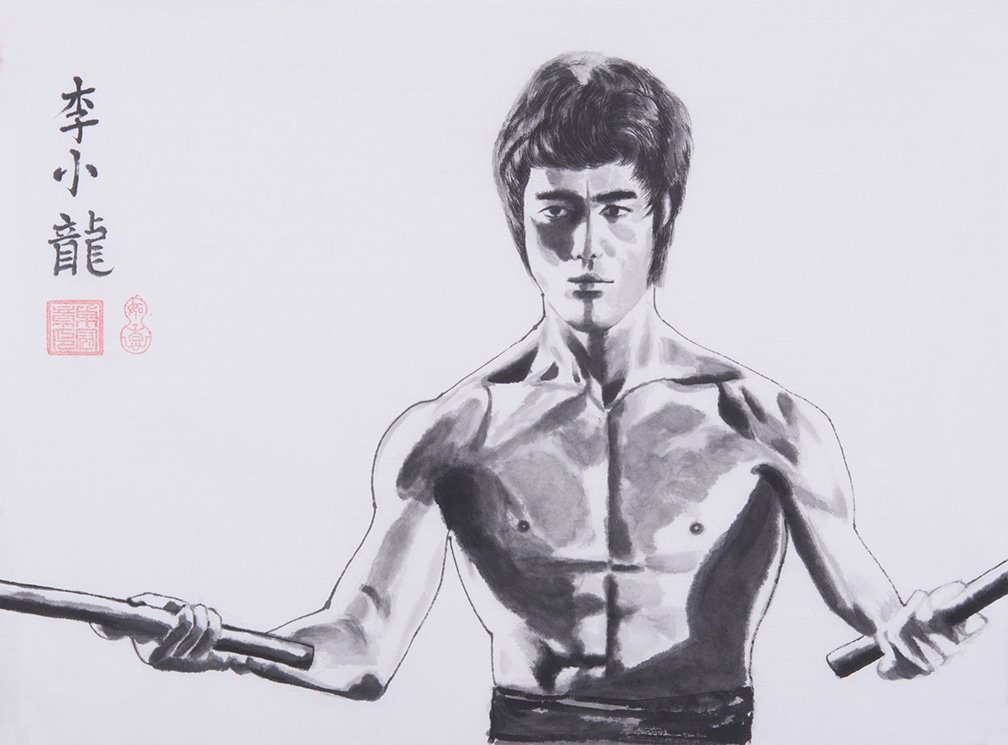 Kungfu Bruce Lee Original Hand Painted Artwork Unframed Chinese Brush Ink and Wash Watercolor Painting Drawing Decorations Decor for Office Living Room Bedroom (16×12inch, Artwork-02)