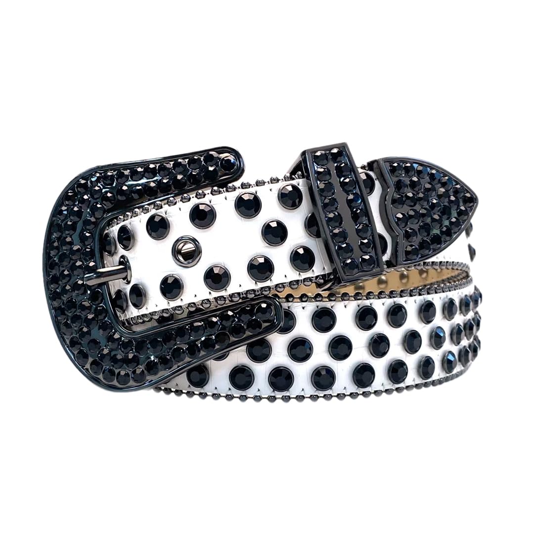 Women’S Black White Rhinestone Belt Western Denim Shiny Rivet Design Leather Hiphop Punk Rock Style