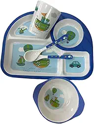 Jogo Completo Kit de Refeição Infantil Cor Azul com 5 Peças, Prato com Divisórias, Prato Fundo, Copo 200ml, Talheres, Azul Menino Ideal para Introdução Alimentar