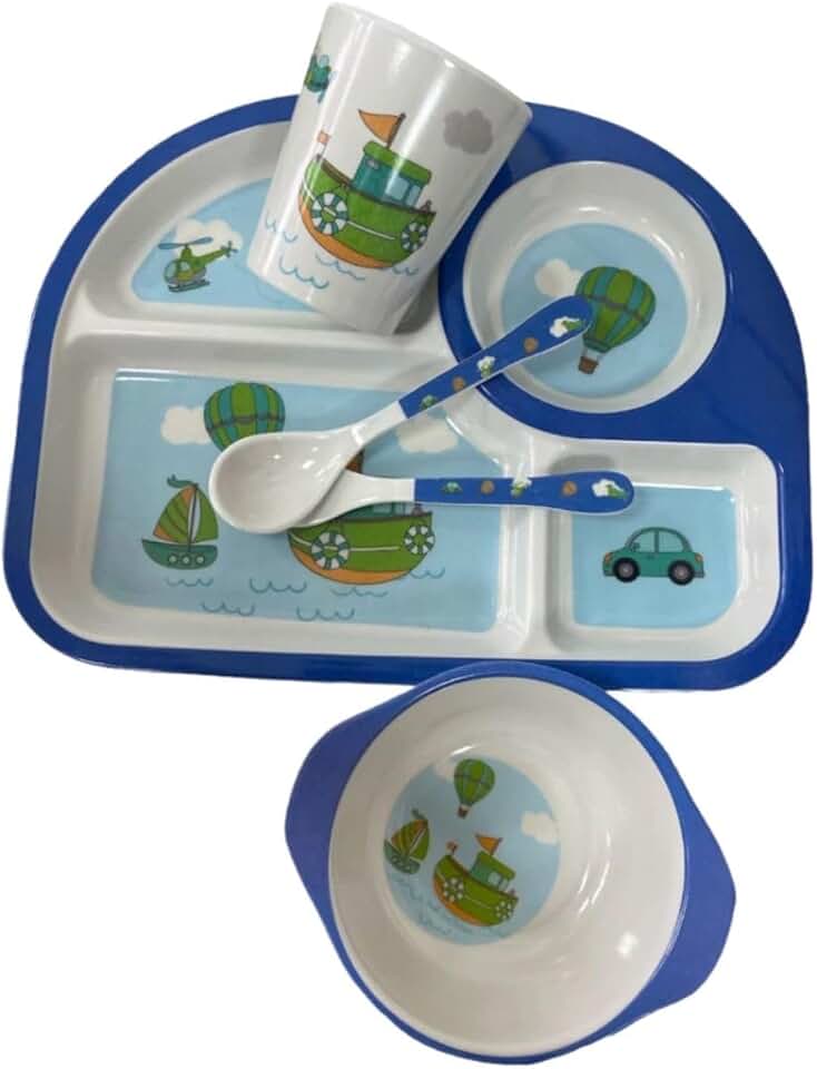 Jogo Completo Kit de Refeição Infantil Cor Azul com 5 Peças, Prato com Divisórias, Prato Fundo, Copo 200ml, Talheres, Azul Menino Ideal para Introdução Alimentar