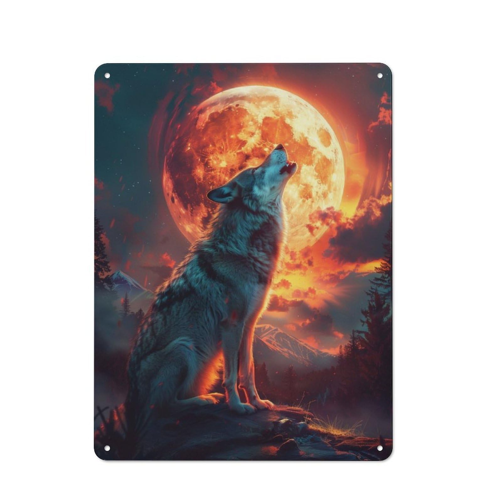 Junmoney Wolf Howling At The Moon Vintage-Inspired Tin Sign 40X30cm For Garage Or Workshop, For Garage, Workshop And Man Cave Decoration