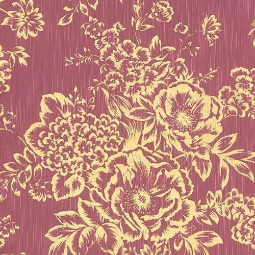 Profhome Florale Tapete 306576-GU Textiltapete gold rot 0,53 m x 10,05 m / 5,33 m2