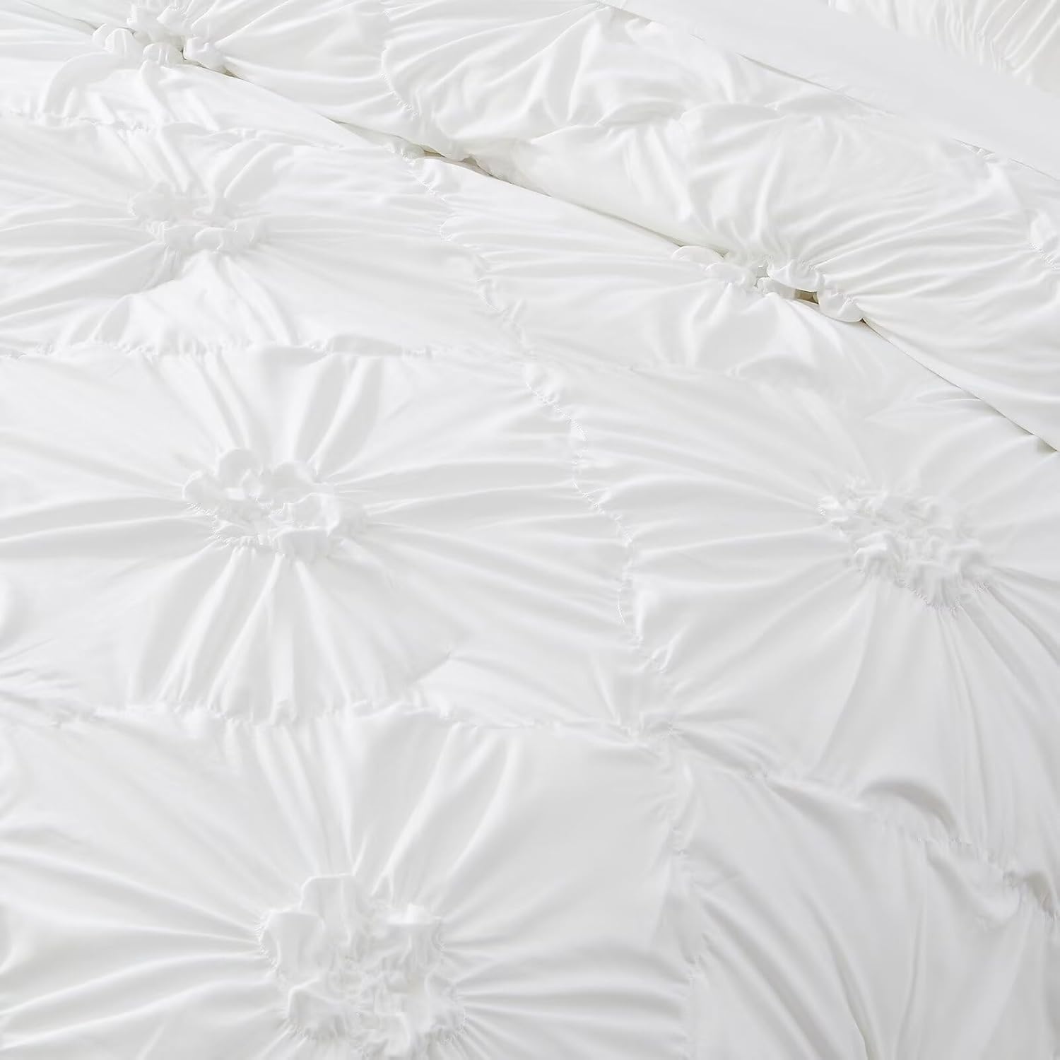 White Comforter Set Queen Size Bed in A Bag 7 Piece Pinch Pleat Bedding Set,Pintuck Ruched Flowers Bed Set with Comforter, Sheets, Pillowcases & Shams - Image 7