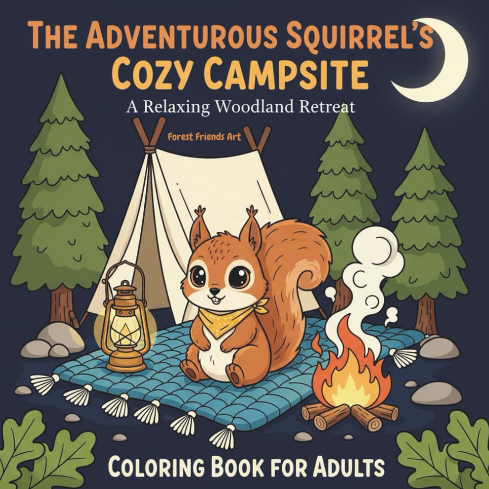 The Adventurous Squirrel’s Cozy Campsite: A Relaxing Woodland Retreat Coloring Book for Adults Featuring Cute Forest Friends and Simple Nature Scenes