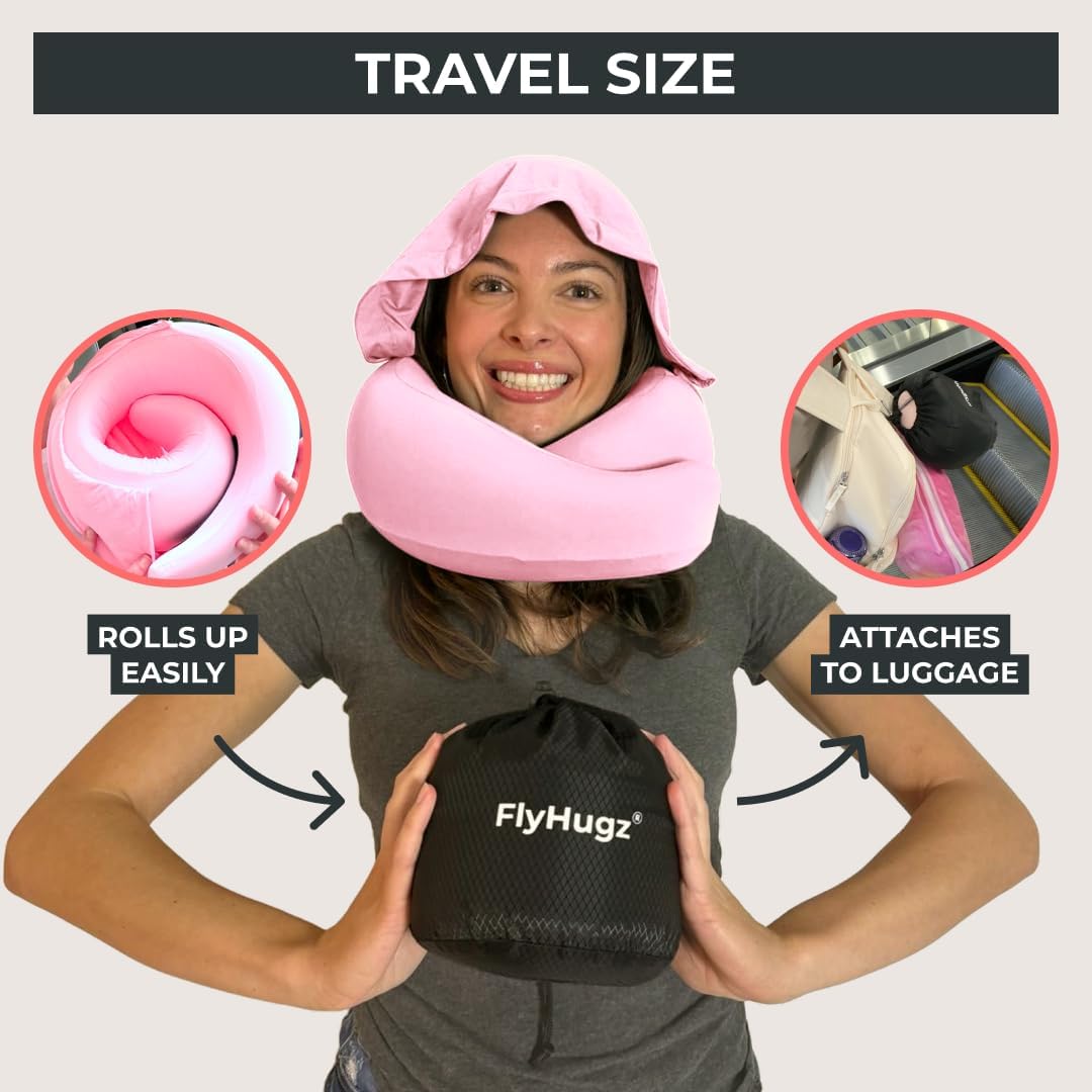 FlyHugz® 2.0 Hooded Travel Pillow – 2026 Original Release – Memory Foam Neck Pillow with Adjustable Hood & Premium Elastic Washable Cover – First Class Comfort for Flights, Road Trips & Sleep- Pink - Image 2