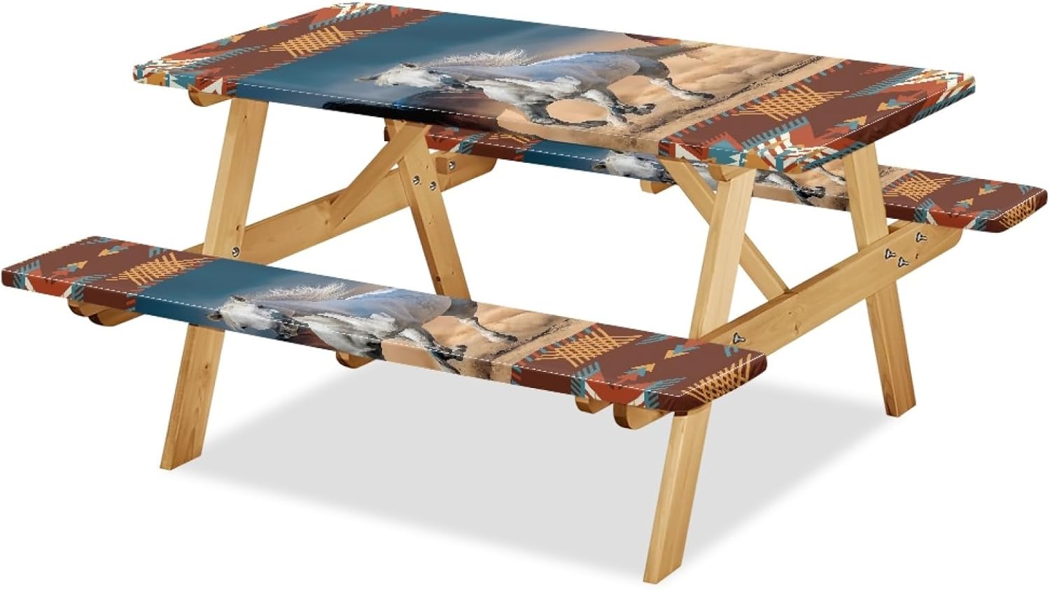 Tablecloth for Folding Table, Aztec Horse Print Picnic Table Cover, Waterproof Fitted Table Covers for 8 Foot Tables, Elastic Rim Plastic Table Cover for Picnic, Indoor, Camping, Outdoor