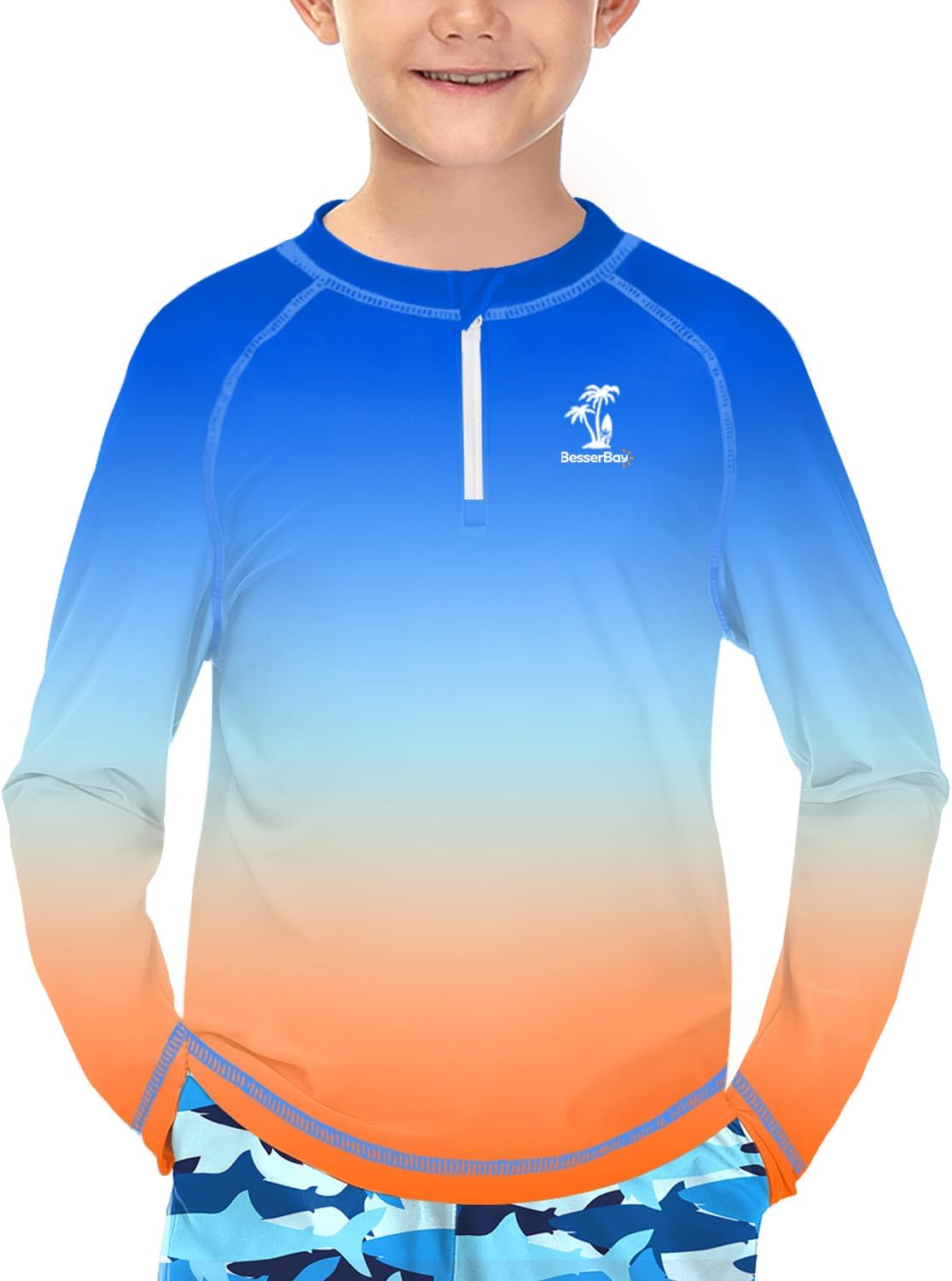 BesserBay Boys Swim Shirt UPF 50+ Zip Up Raglan Long Sleeve Rash Guard Shirt 4-12 Years