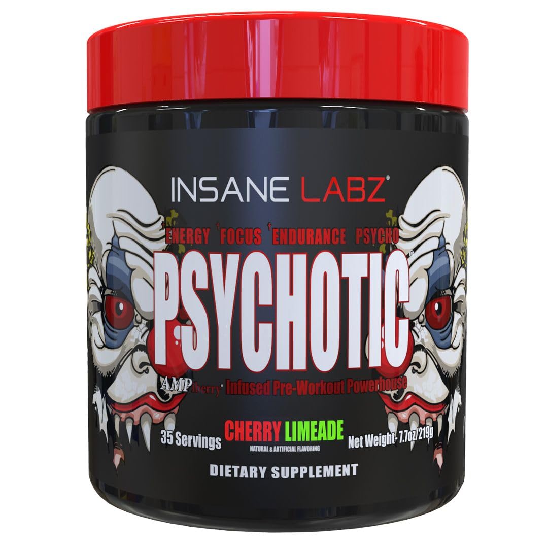 Insane Labz Psychotic, High Stimulant Pre Workout Powder, Extreme Lasting Energy, Focus and Endurance with Beta Alanine, Creatine Monohydrate, DMAE, 35 Srvgs, Cherry Limeade